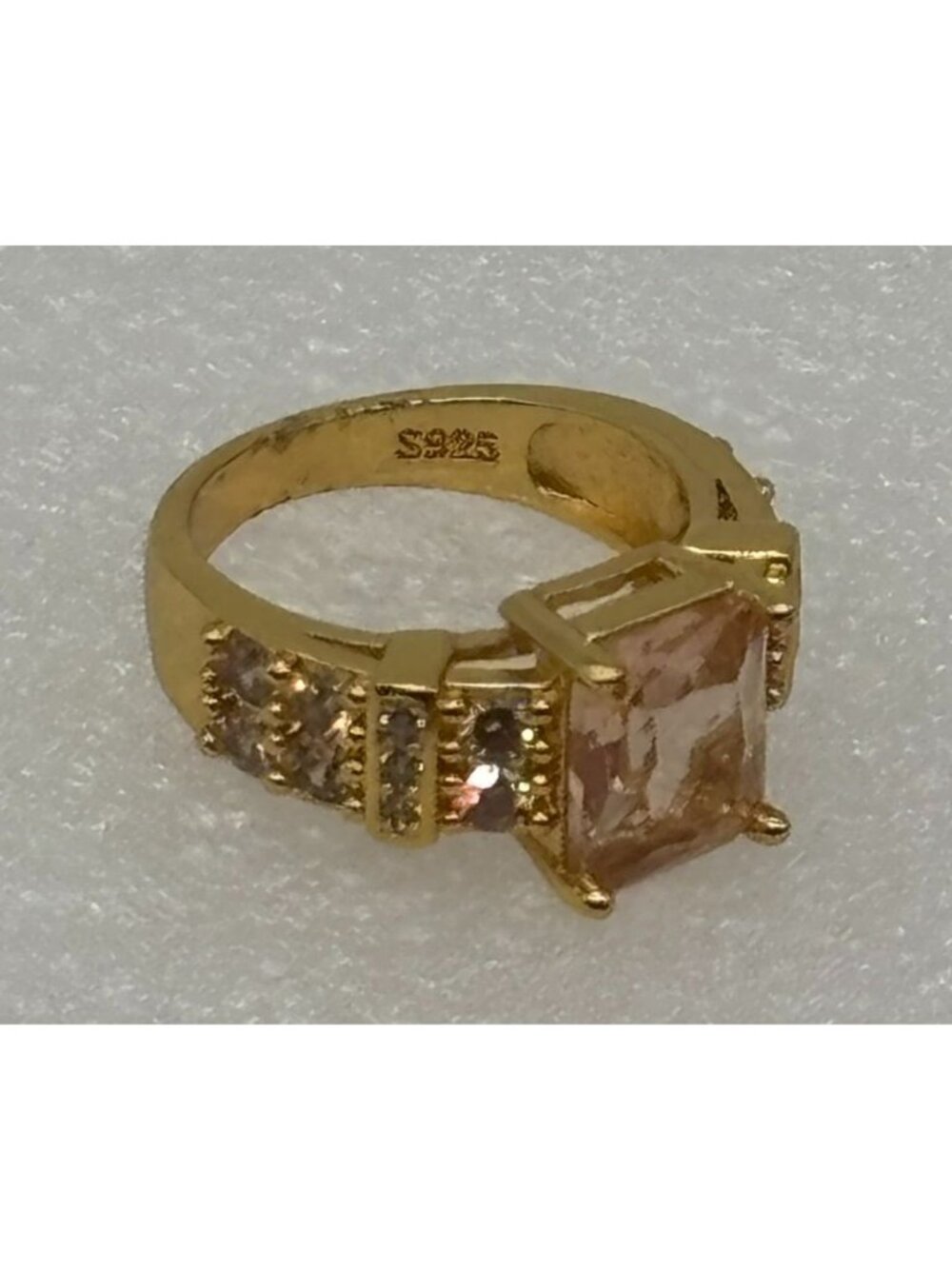 Emerald Cut Morganite and Cubic Zirconia Ring Vermeil Marked "S925", Size 8 or 9 - Picture 4 of 8